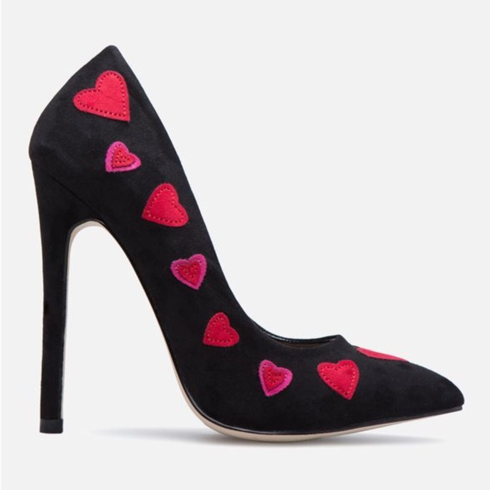JustFab Black Heels with Red and Pink Heart Accents